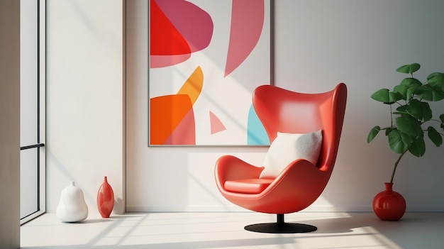 Красный кресло и белый диван в светлой комнате с абстрактными геометрическими формами