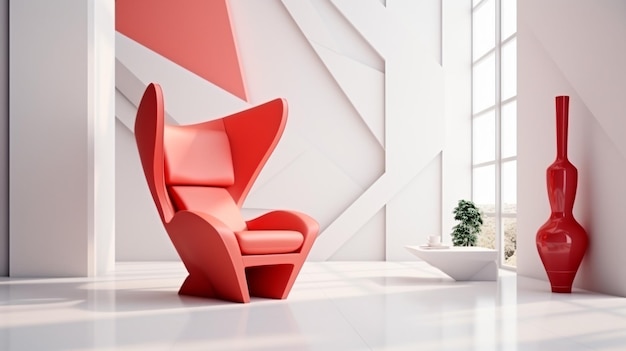 Red wingback chair and white sofa in bright room