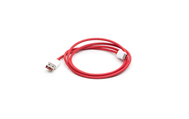 Red wire with type c white male connector usb cable on isolated white background