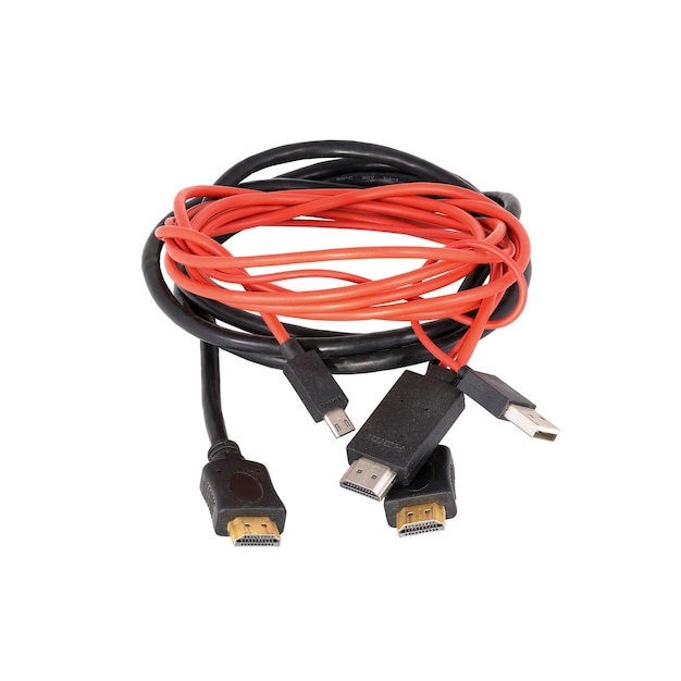 Rosso con cavo hdmi nero isolato