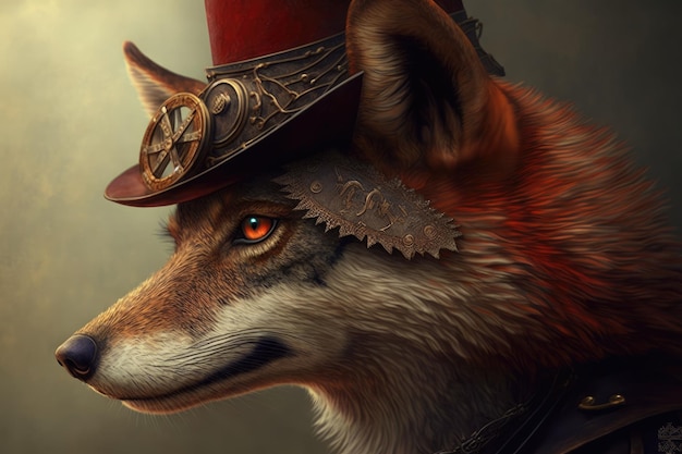 Красный волк в шапке стимпанк