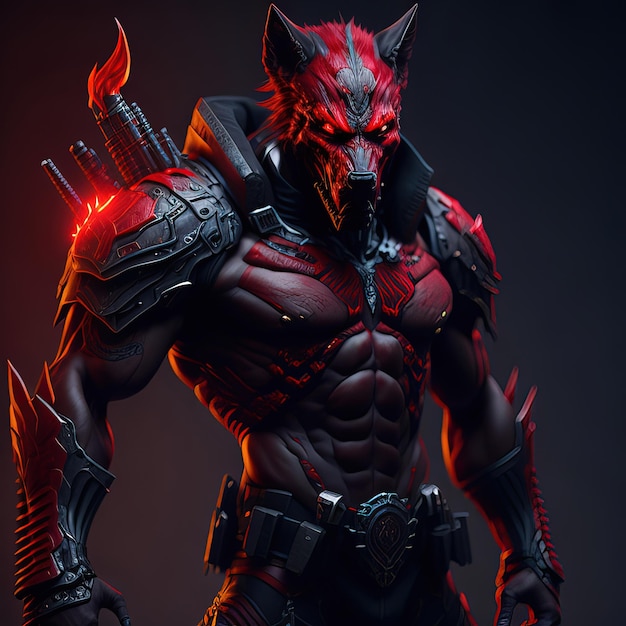 Красный волк с черным шлемом и красным шлемом стоит на темном фоне.