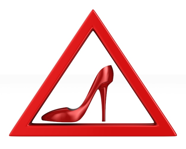 赤い女性は白いスペースで三角形に靴を履きます。分離された3Dイラスト