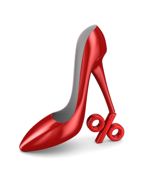 Red women shoe and percent on white space. Isolated 3d illustration