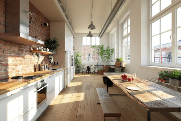 красная деревянная кухня белая кухонная скамейка современное оформление интерьера