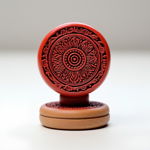 A red wood stamper in a circular design