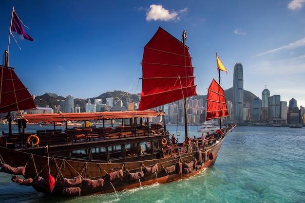Red wooded boat icon of Hongkong city