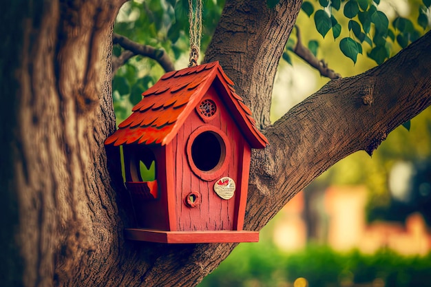 Red wooden birdhouse hanging on branch of tree in park