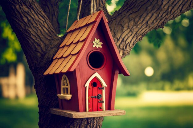 Red wooden birdhouse hanging on branch of tree in park