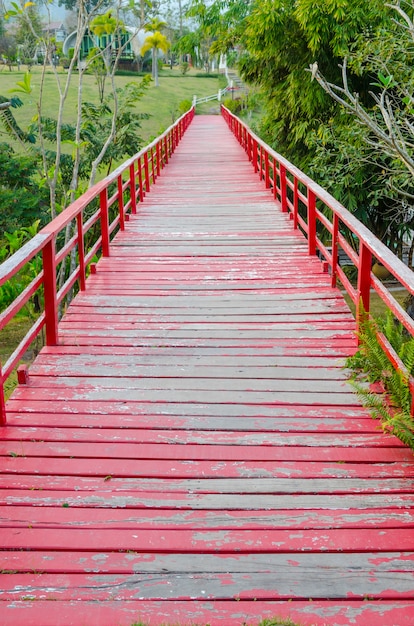 A red wooden bridge long and beautiful.