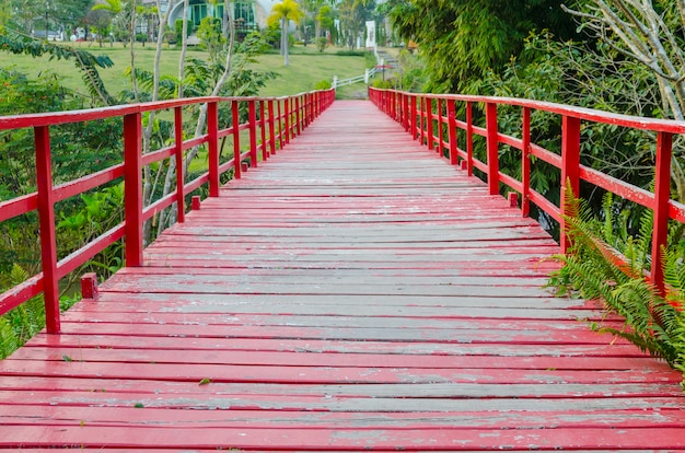 A red wooden bridge long and beautiful.