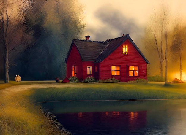 red wooden cottage by the lake, dusk,  tranquility