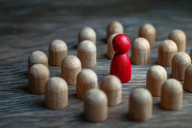 Bambola di legno rossa circondata da altri che rappresentano la leadership della discussione o le molestie