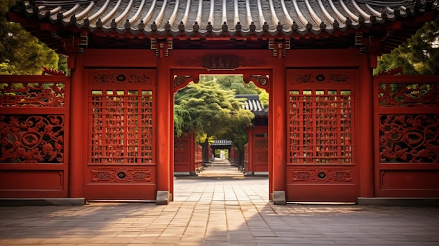 Red wooden gate under tiled roof traditional orient