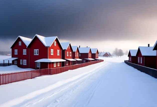 Foto case di legno rosse coperte di neve cielo limpido con nuvole e terreno innevato