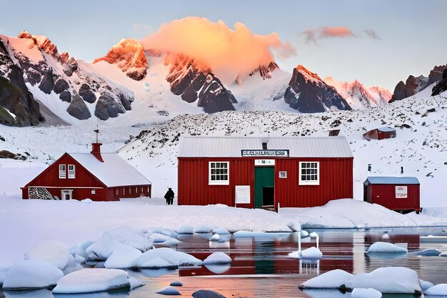 A red wooden hut with a mountain in the background.