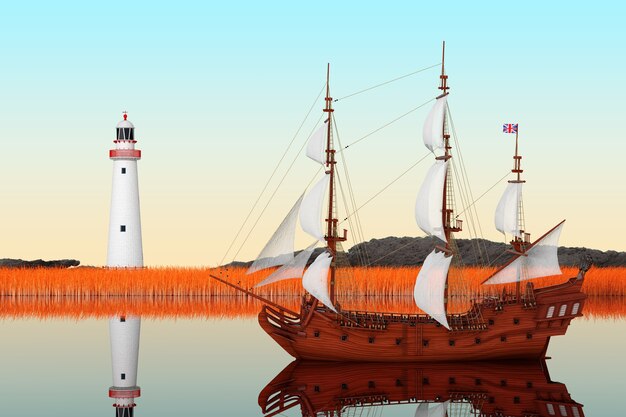Red wooden vintage tall sailing ship, caravel, pirate ship or warship in river extreme closeup. 3d rendering