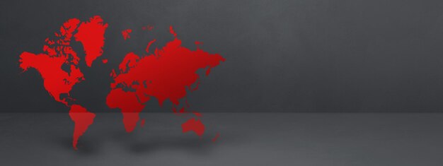 Red world map on black concrete wall background 3D illustration Horizontal banner