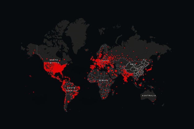 Red world map of coronavirus (covid-19), paesi con covid-19, covid 19 mappa confermata casi segnalati in tutto il mondo. aggiornamento sulla situazione della malattia di coronavirus 2021 diffusione mondiale del coronavirus