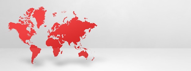 Red world map isolated on white wall background 3D illustration Horizontal banner