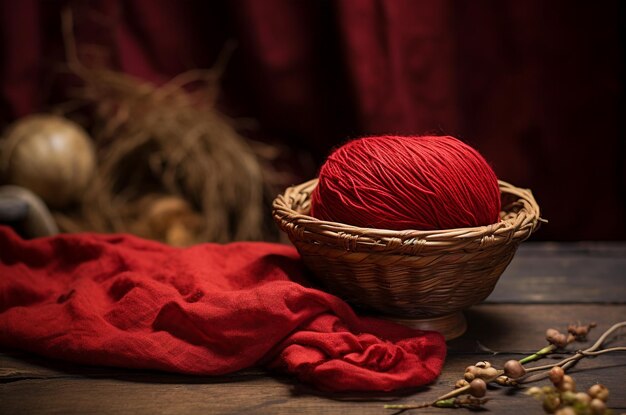 Photo red yarn knitting a ball of thread