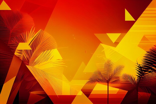 A red and yellow background with palm trees and the sun