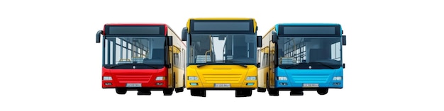 red yellow and blue city buses in a clean symmetrical lineup