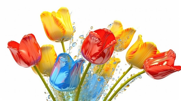 Red Yellow And Blue Tulip Flowers Glitter Super Detail Generative AI