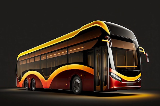 Red yellow bus with panoramic windows on dark background public transport concept applicaly created