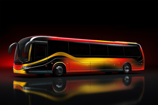 red yellow bus with panoramic windows on dark background public transport