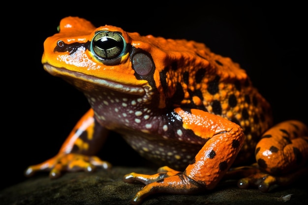 A red and yellow frog with a black background