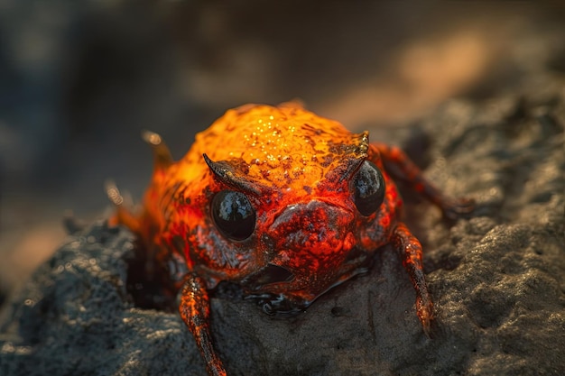 A red and yellow frog with black eyes and a black nose sits on a rock.