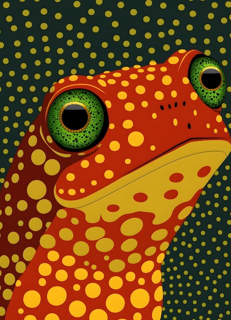 Photo a red and yellow frog with green eyes and a yellow spot on the bottom.