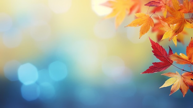 red yellow and green leaves framing blue bokeh highlights