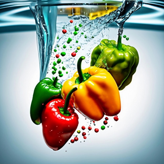 red yellow and green pepper with water splash isolated on white