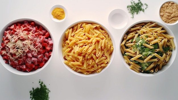 Красно-желтая и зеленая овощная паста подается на белых мисках, вид сверху