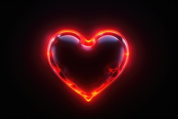 Foto cuore rosso e giallo luminoso con la luce al neon su sfondo nero tema d'amore ai generato