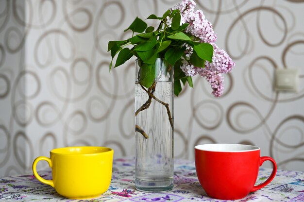 Red and yellow mug stand on the table