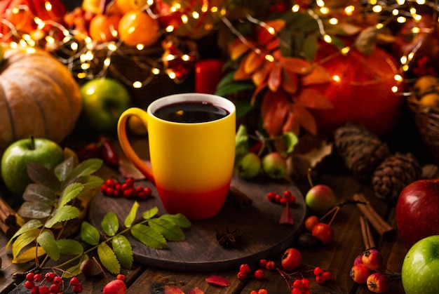 Red and yellow mug with mulled wine. Fruits and spices are all around on a wooden table. Yellow lights of garlands are burning behind