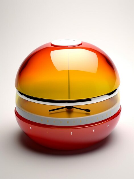 A red and yellow object with a sad face is sitting on a white surface.