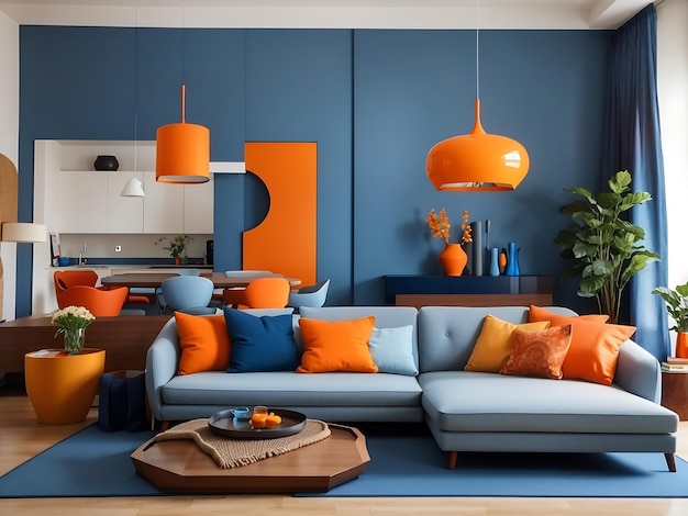 Red Yellow Orange and blue chair in the room red chair in modern living room with sofa Generate