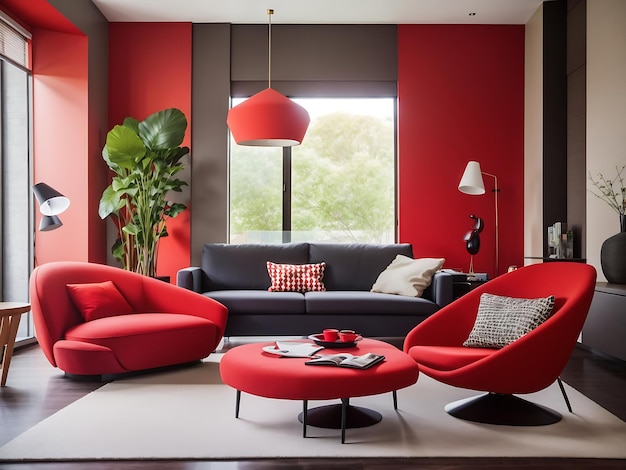 Red Yellow Orange and blue chair in the room red chair in modern living room with sofa Generate