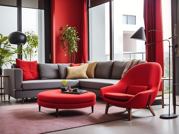 Красный Желтый Оранжевый и синий стул в комнате Красный стул в современной гостиной с диваном Сгенерировать