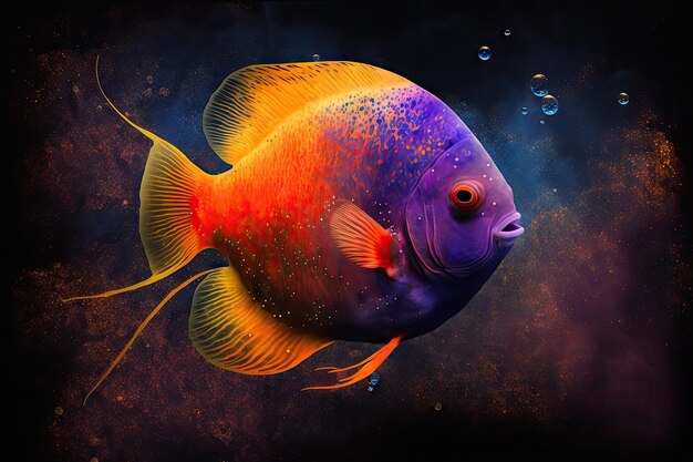 Red yellow orange purple fish in space aquarium