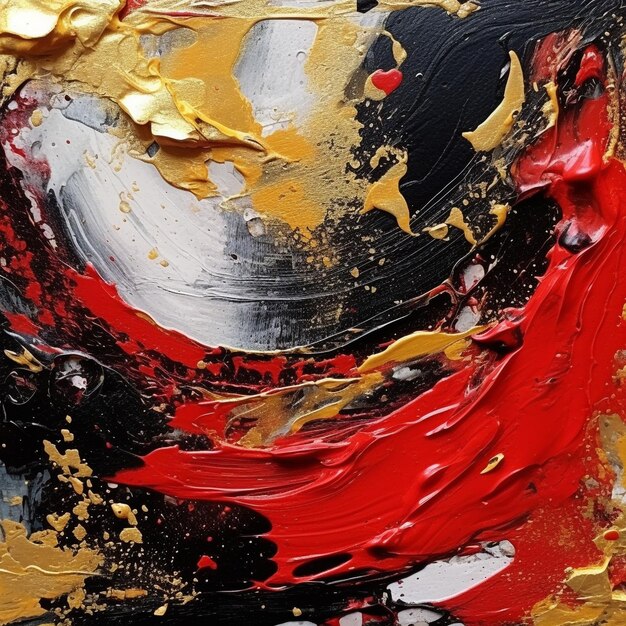 A red and yellow painting of a red and black circle with yellow paint.