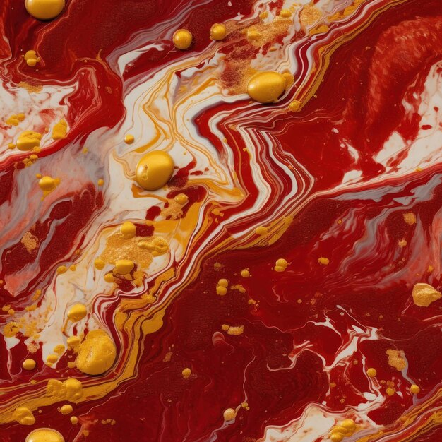 A red and yellow painting with a yellow liquid on it