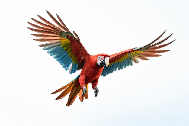 a red and yellow parrot flying through the air