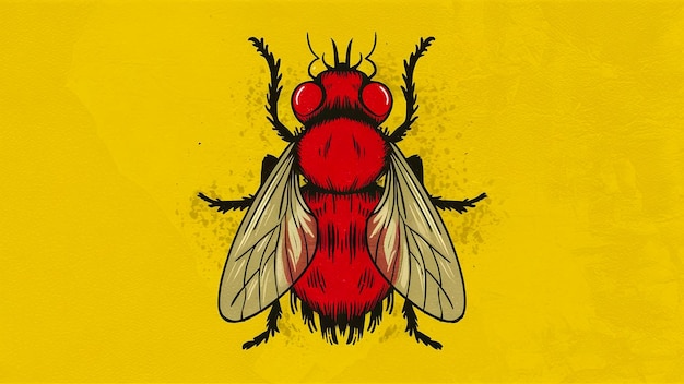 a red and yellow picture of a fly with a red face