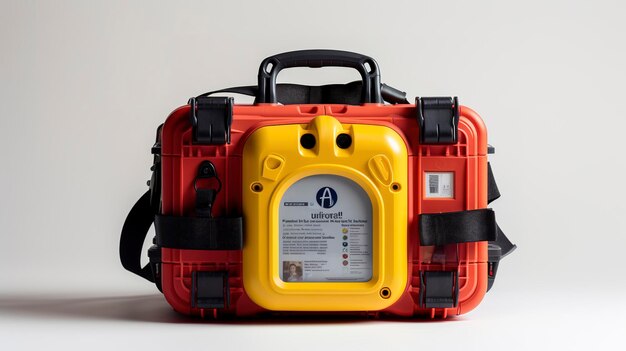 a red and yellow radio case with a screen that says  radio