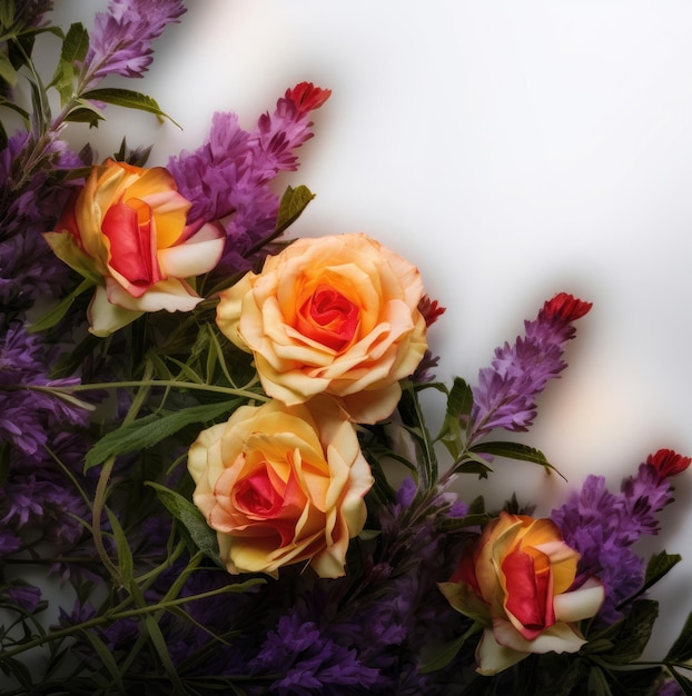 Red and yellow roses and lavender isolated on white background for greeting card design